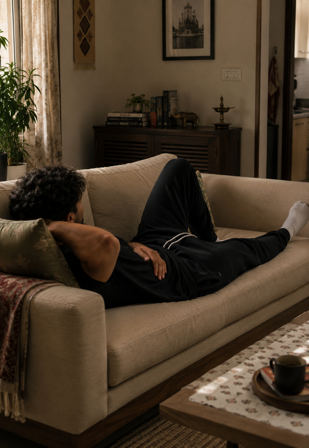 Model lounging at home in Best Budz comfort lowers